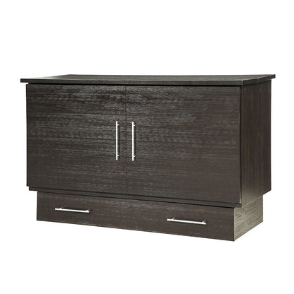 Coffee Wood Queen Size Cabinet Bed with Black Finish and Murphy Wall Design