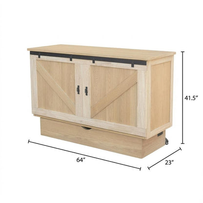 Queen Wood Cabinet Bed White Oak Finish with Metal Drawer Glides and Storage