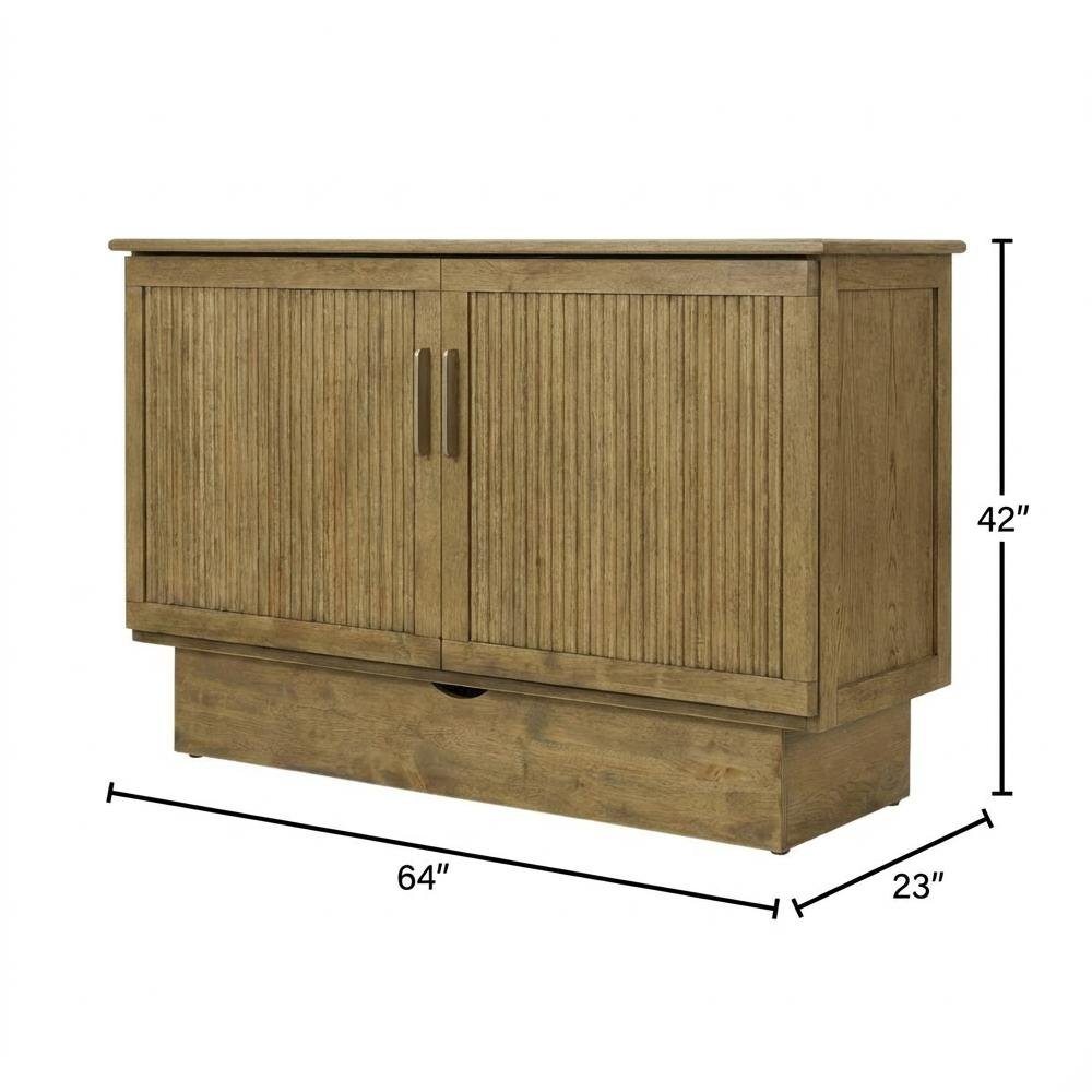 Queen Flip-Top Cabinet Bed in Warm Brown with Reeded Wood Design, Metal Glides