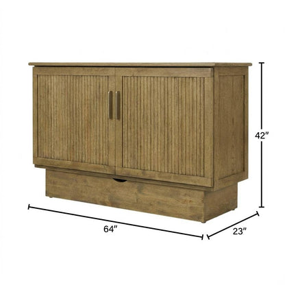 Queen Flip-Top Cabinet Bed in Warm Brown with Reeded Wood Design, Metal Glides