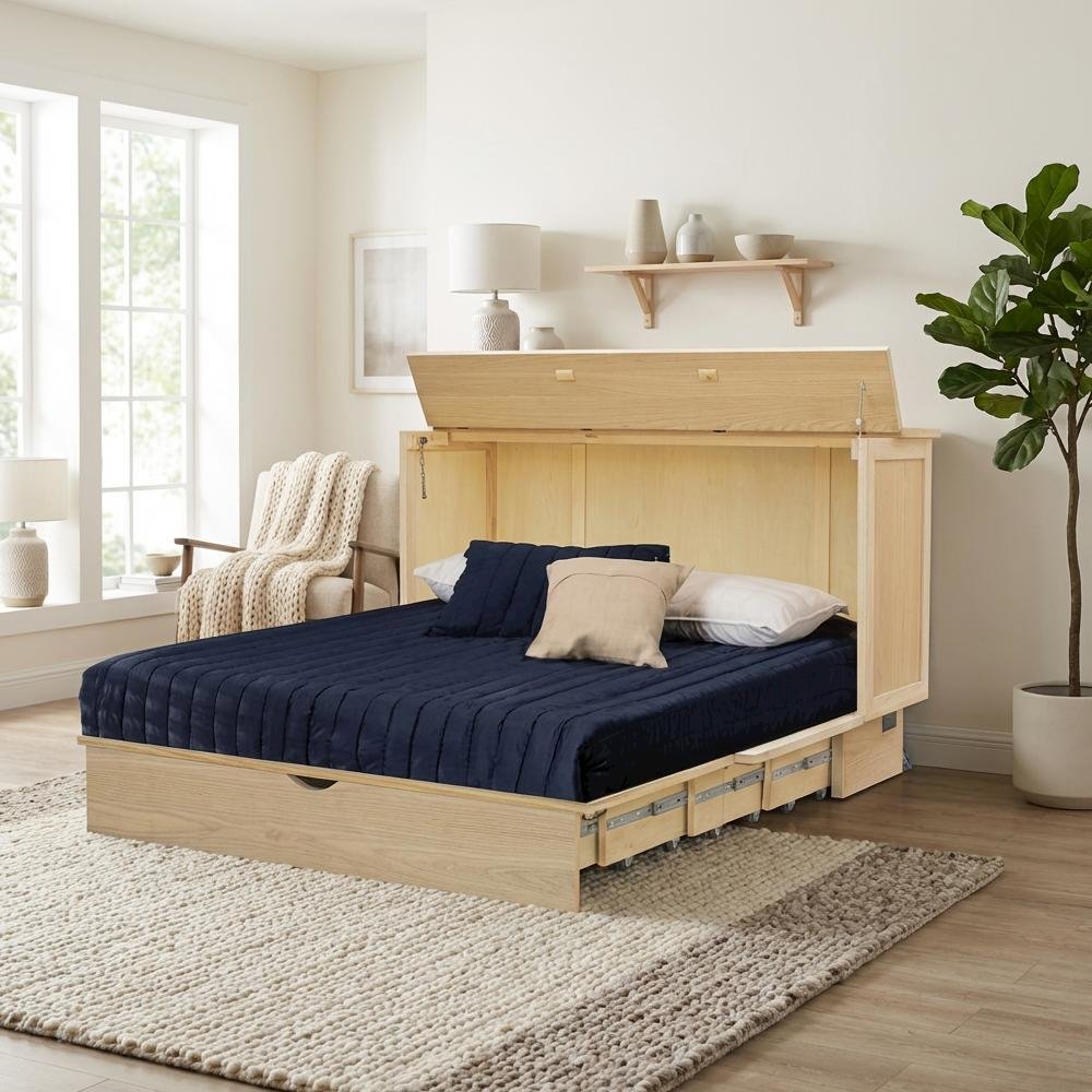Queen Wood Cabinet Bed White Oak Finish with Metal Drawer Glides and Storage