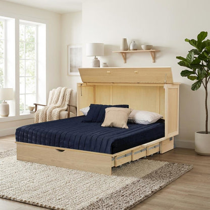 Queen Wood Cabinet Bed White Oak Finish with Metal Drawer Glides and Storage