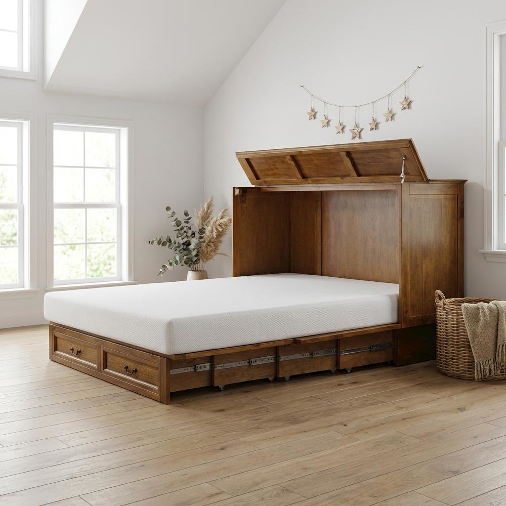 Queen Cabinet Bed Cherry Wood with Free Standing Design and Usable Top Surface