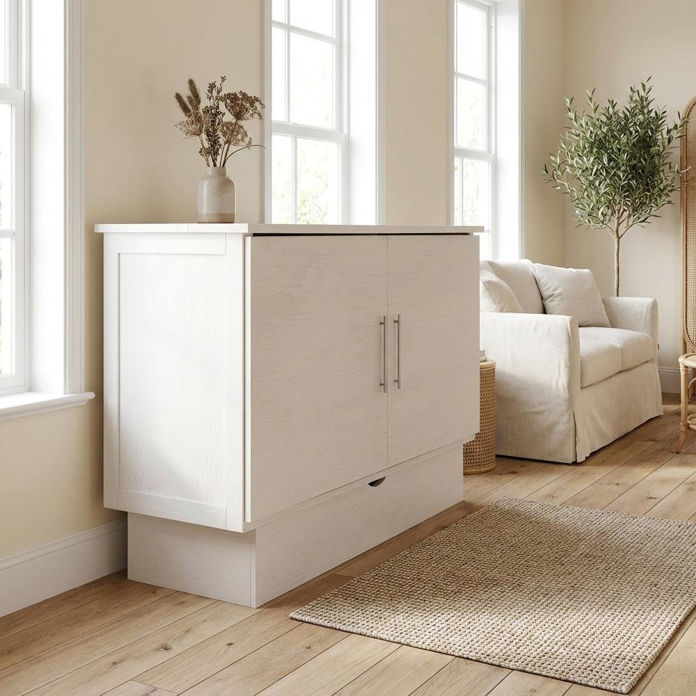 White Queen Wood Cabinet Bed with Compact Design and Usable Top Surface