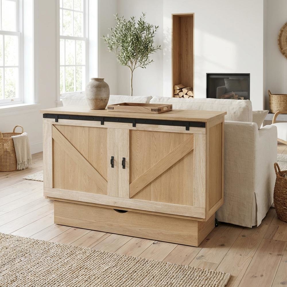 Queen Wood Cabinet Bed White Oak Finish with Metal Drawer Glides and Storage