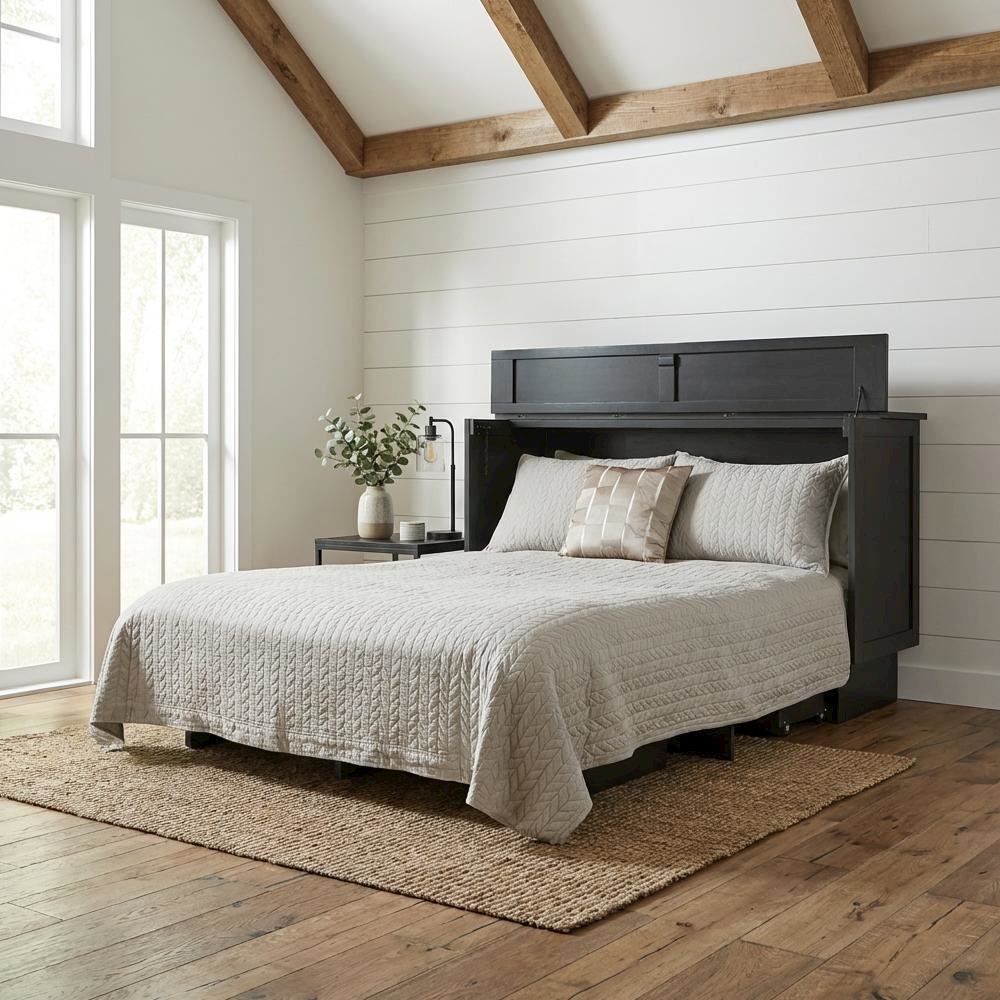 Black Queen Cabinet Bed Wood Frame Murphy Style with 500 lbs Capacity