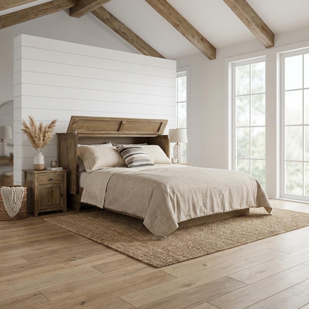 Queen Size Wood Murphy Cabinet Bed Light Brown with Compact Free Standing Design