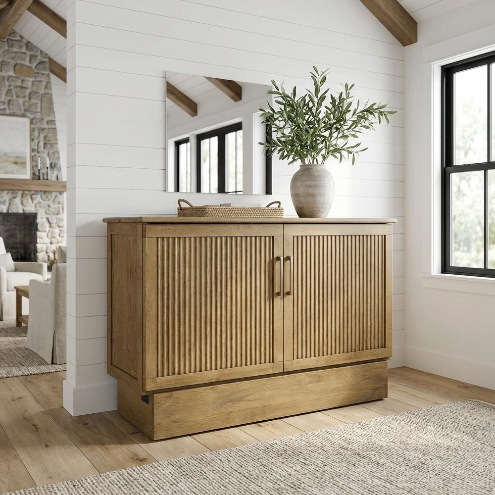 Queen Flip-Top Cabinet Bed in Warm Brown with Reeded Wood Design, Metal Glides