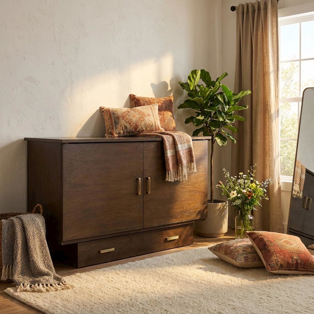 Queen Size Brown Wood Cabinet Bed with Murphy Wall Mount and Heavy-Duty Capacity