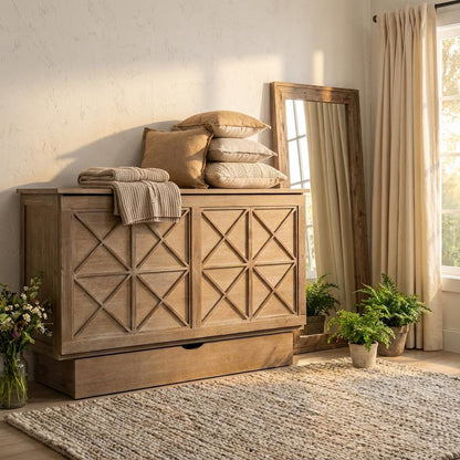 Queen Wood Cabinet Bed Light Ash Finish - Space-Saving Wall Mount Sleep Solution