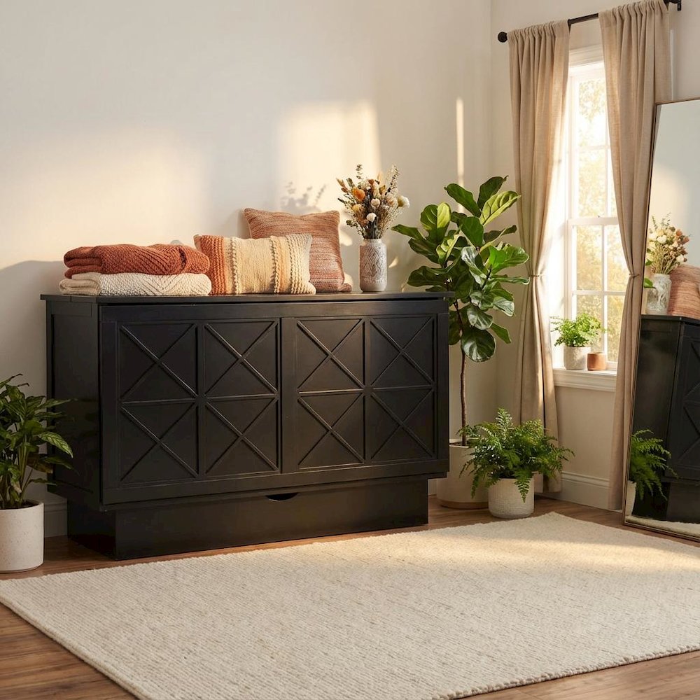 Black Queen Cabinet Bed Wood Frame Murphy Style with 500 lbs Capacity