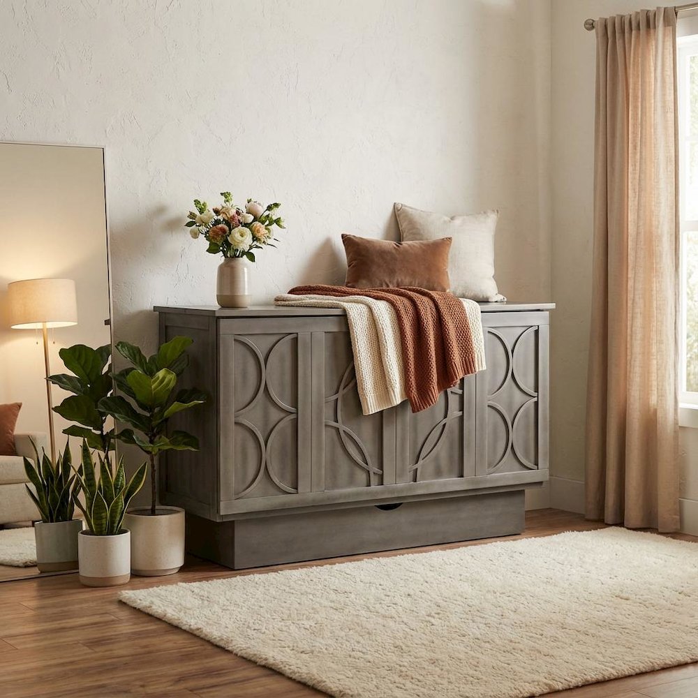 Modern Gray Queen Cabinet Bed Wood Frame with Free Standing Design, Usable Top