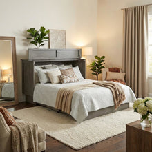 Modern Gray Queen Cabinet Bed Wood Frame with Free Standing Design, Usable Top