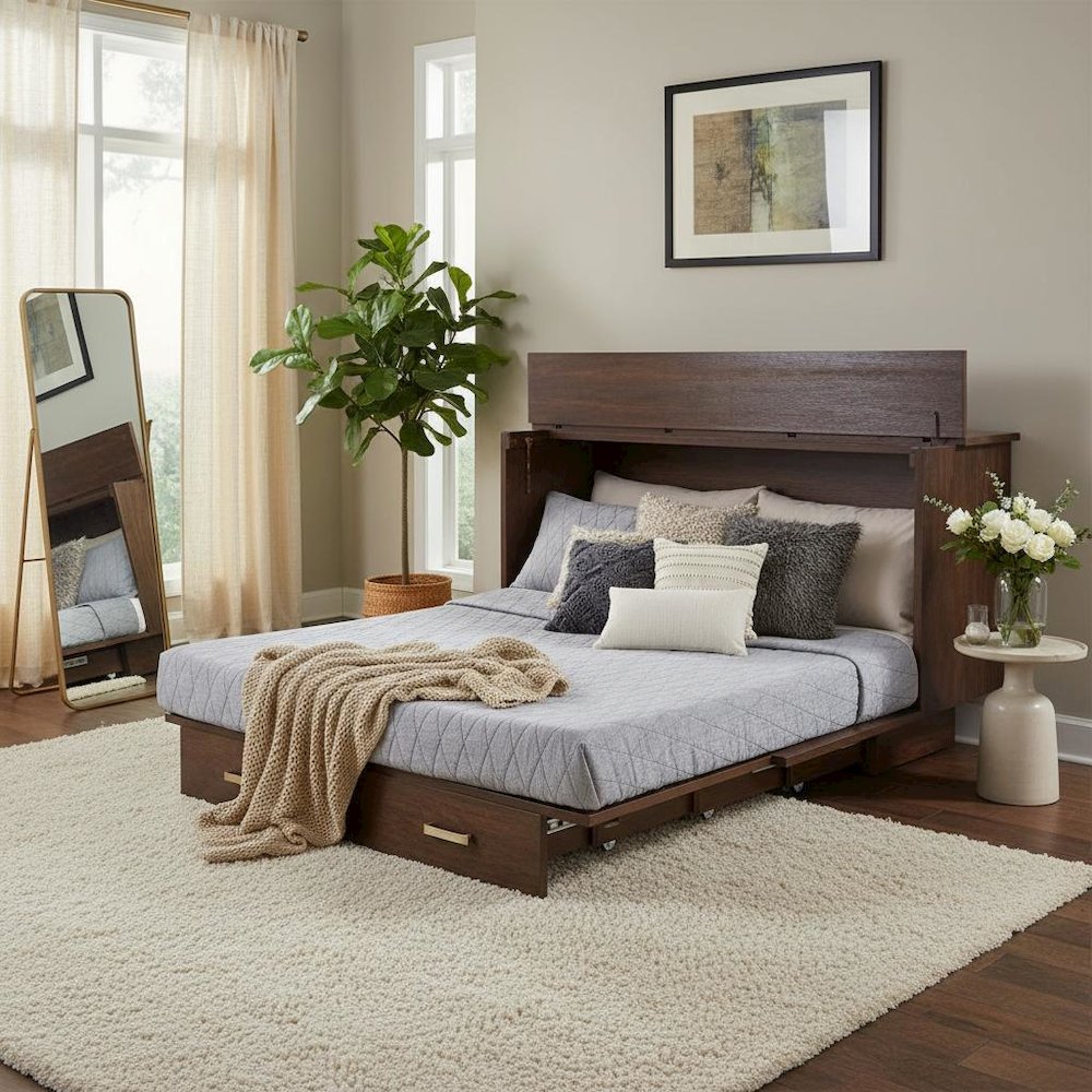 Queen Size Brown Wood Cabinet Bed with Murphy Wall Mount and Heavy-Duty Capacity