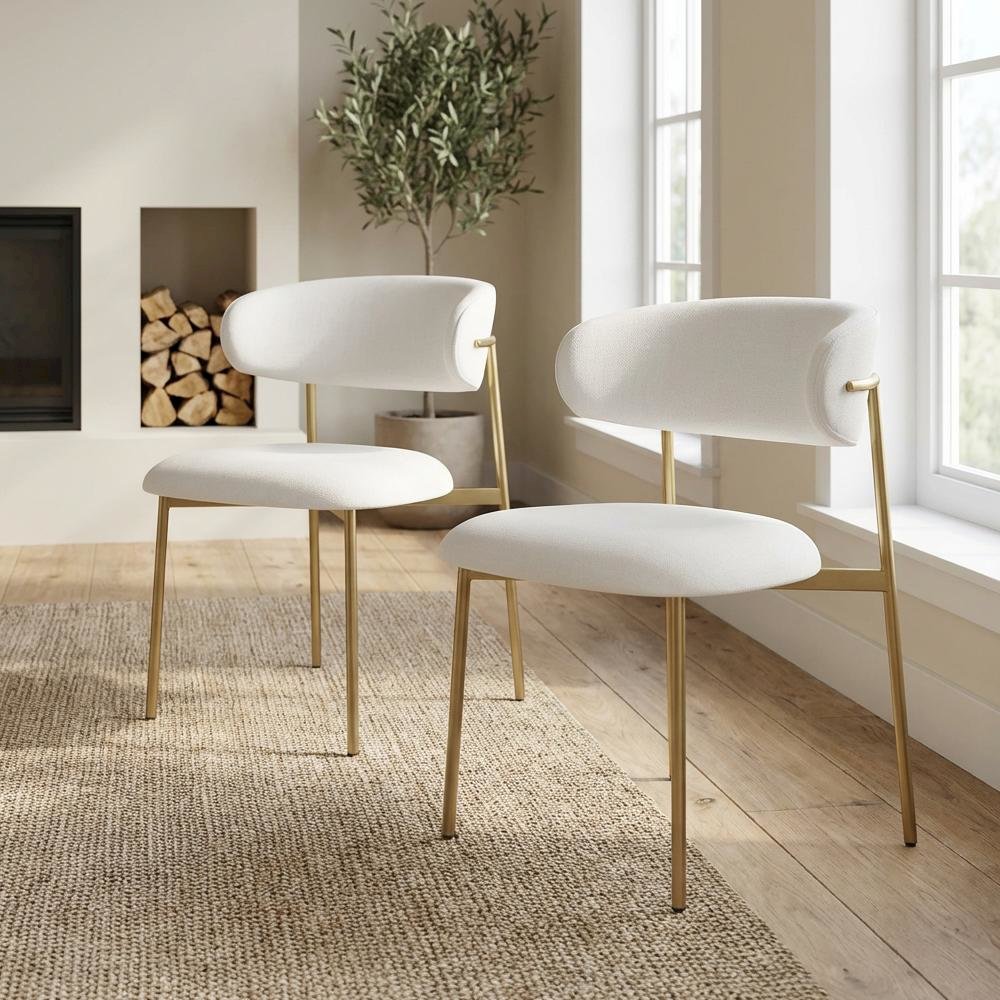 Brushed Gold Dining Chairs Set of 2 with Off-White Vegan Leather Upholstery