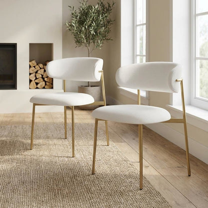 Brushed Gold Dining Chairs Set of 2 with Off-White Vegan Leather Upholstery