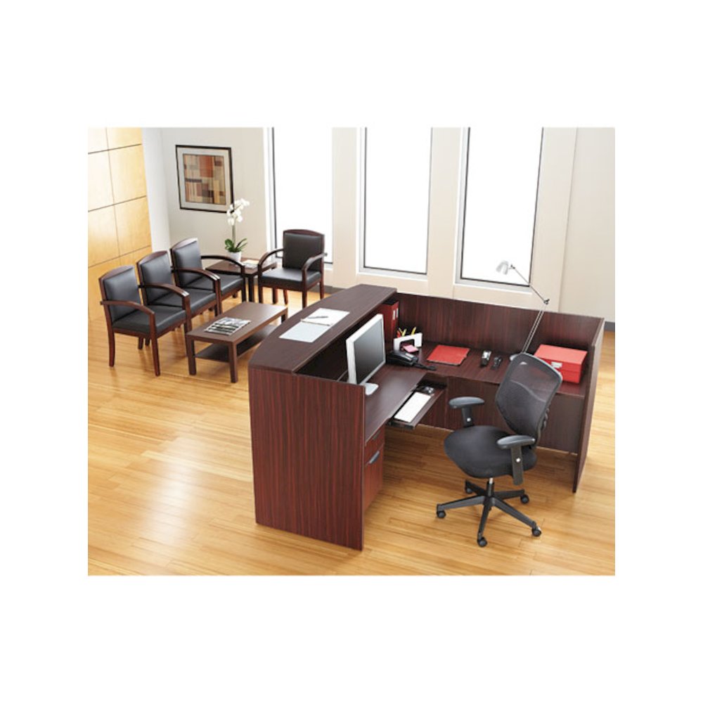 Alera Valencia Series Reception Desk with Transaction Counter, 71" x 35.5" x 29.5" to 42.5", Mahogany