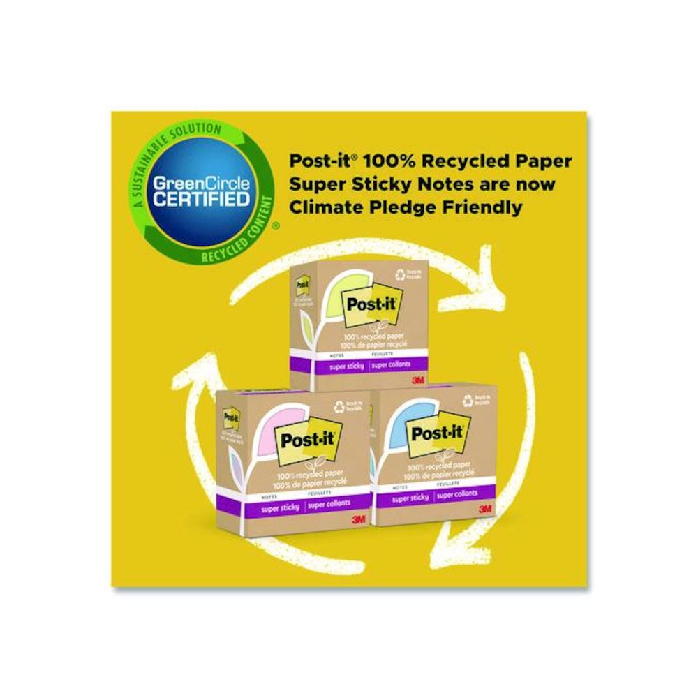 100% Recycled Paper Super Sticky Notes, 3" x 3", Oasis, 70 Sheets/Pad, 24 Pads/Pack