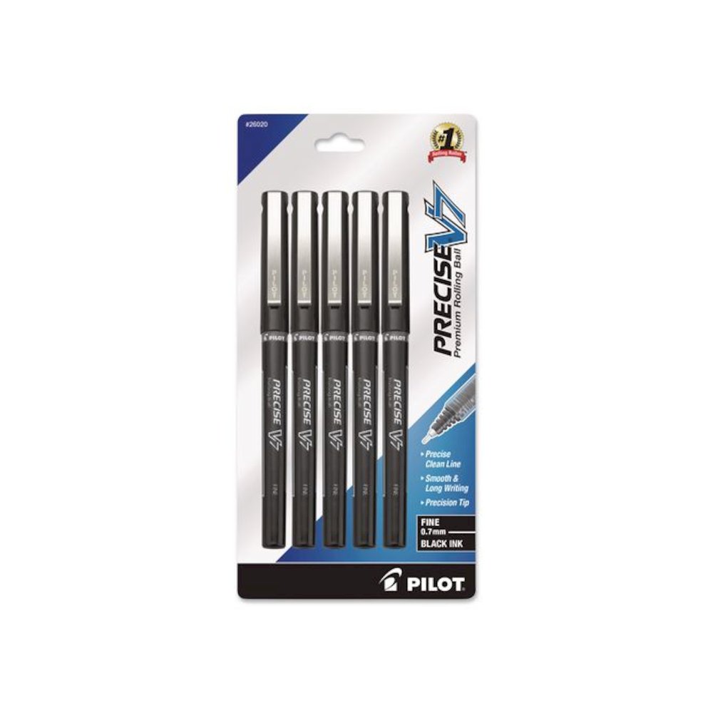 Precise V7 RollerBall Pen, Stick, Fine 0.7 mm, Black Ink, Black/Clear Barrel, 5/Pack