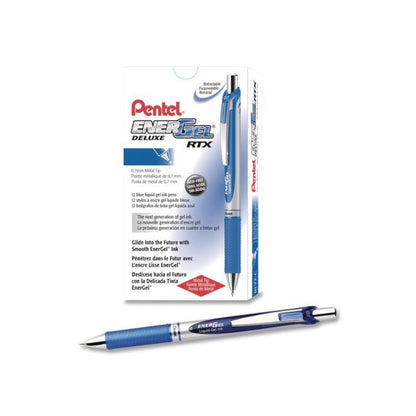 EnerGel RTX Deluxe Gel Pen, Retractable, Medium 0.7 mm, Blue Ink, Silver/Blue Barrel, Dozen
