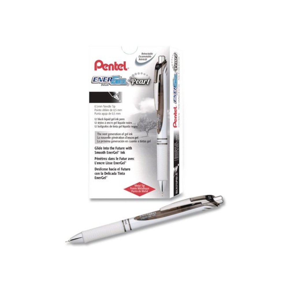 EnerGel Pearl Deluxe RTX Gel Pen, Retractable, Fine 0.5 mm, Black Ink, Pearl White/Black Barrel, Dozen