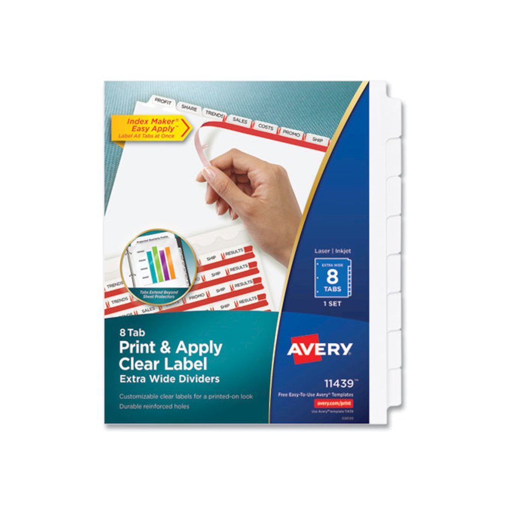 Print and Apply Index Maker Clear Label Dividers, Extra Wide Tab, 8-Tab, 11.25 x 9.25, White, 1 Set