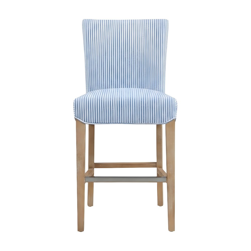 Fabric-Upholstered Bucket Seat Counter Stool with Birch Legs, Blue Stripes