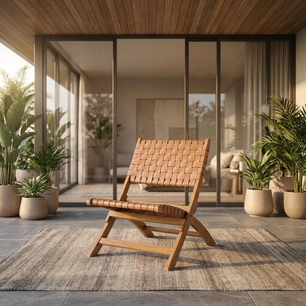 Brown lounge chair with modern design and solid acacia wood frame