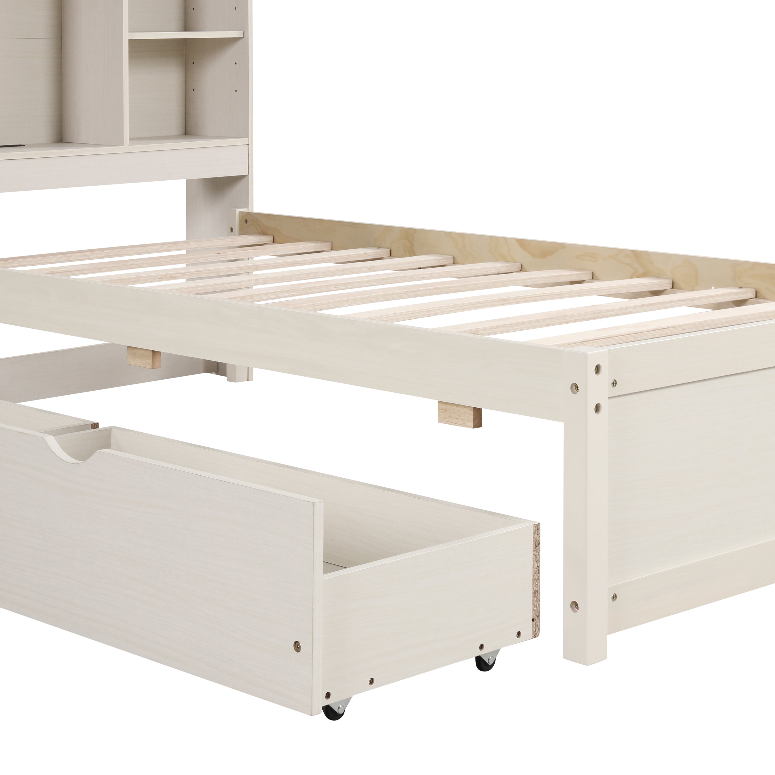 Modern Twin Size Bed Frame With Built-in USB Port on Bookcase Headboard and 2 Drawers for White Washed Color