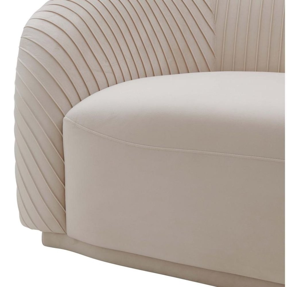 Beige Velvet 3 Seater Couch With Rolled Arms And Pleated Backrest Detail