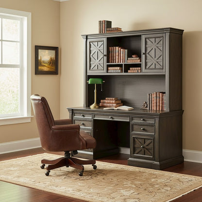 Wood Hutch With Doors, Fully Assembled, Center Open Storage, Brown Finish