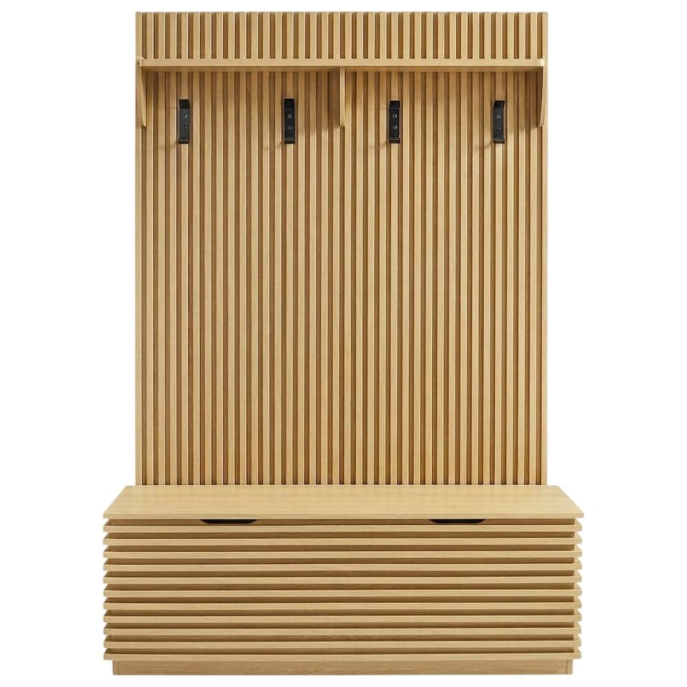 Fluted Hall Tree with Storage Bench, Coat Rack & Shoe Storage, Entryway, Oak