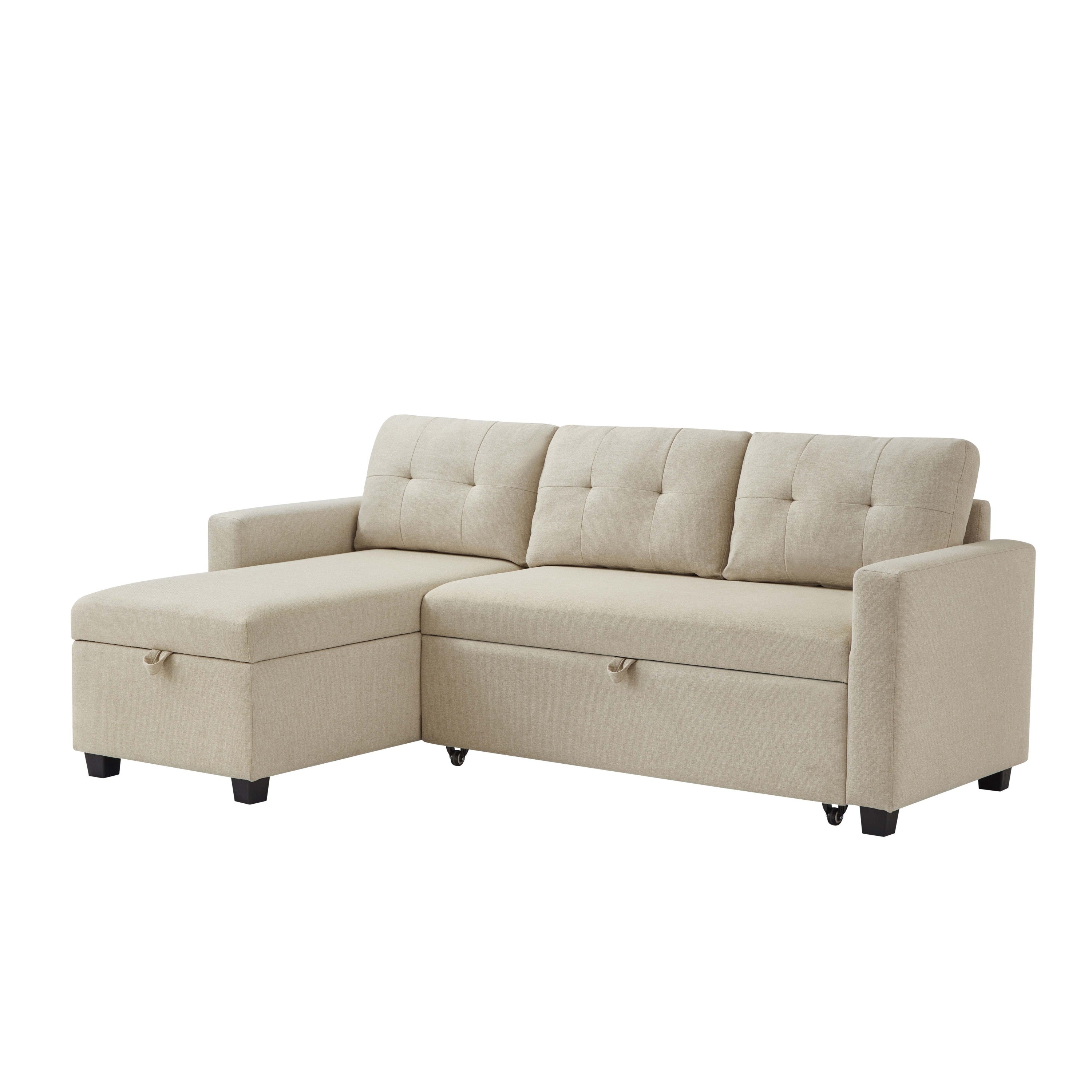 Upholstered Pull Out Sectional Sofa with Storage Chaise, Convertible Corner Couch, Beige