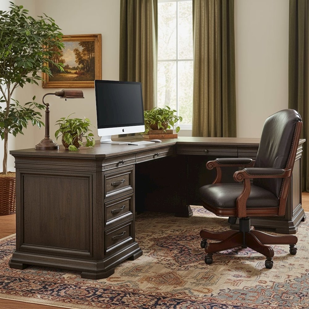 L-Desk & Return, 4 Drawers, 2 Files, Wire Management, Brown