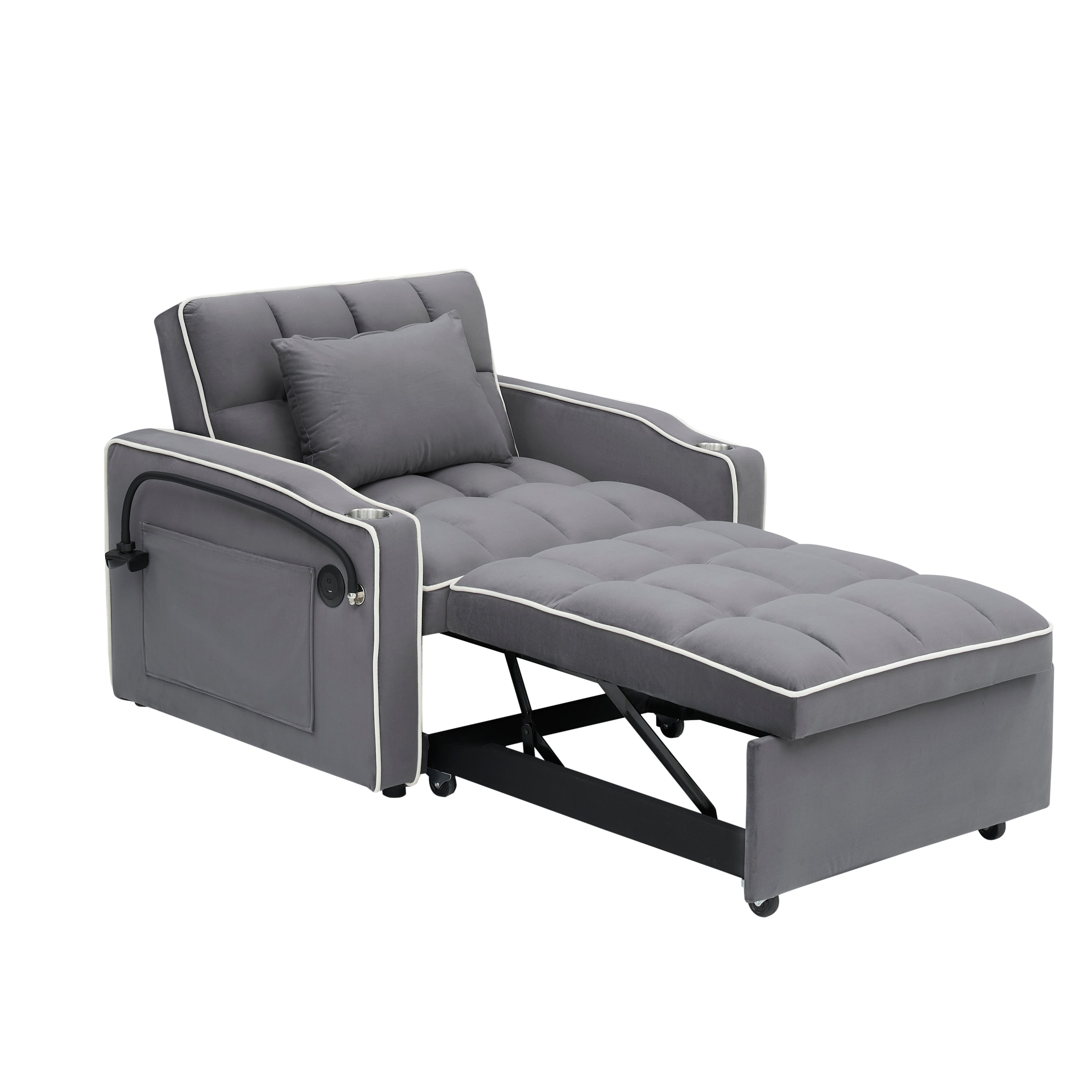 1 versatile foldable sofa bed in 3 lengths, modern sofa sofa sofa velvet pull-out bed, adjustable back and with USB port and ashtray and swivel phone stand dark grey