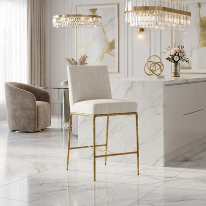 Fabric-Upholstered Counter Stool with Brass-Plated Steel Legs for Dining Room