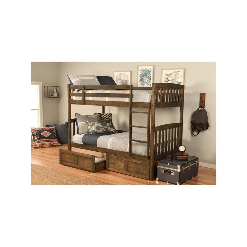 Claire Twin Wood Bunk Bed with Storage in Brown-Mattresses Not Included