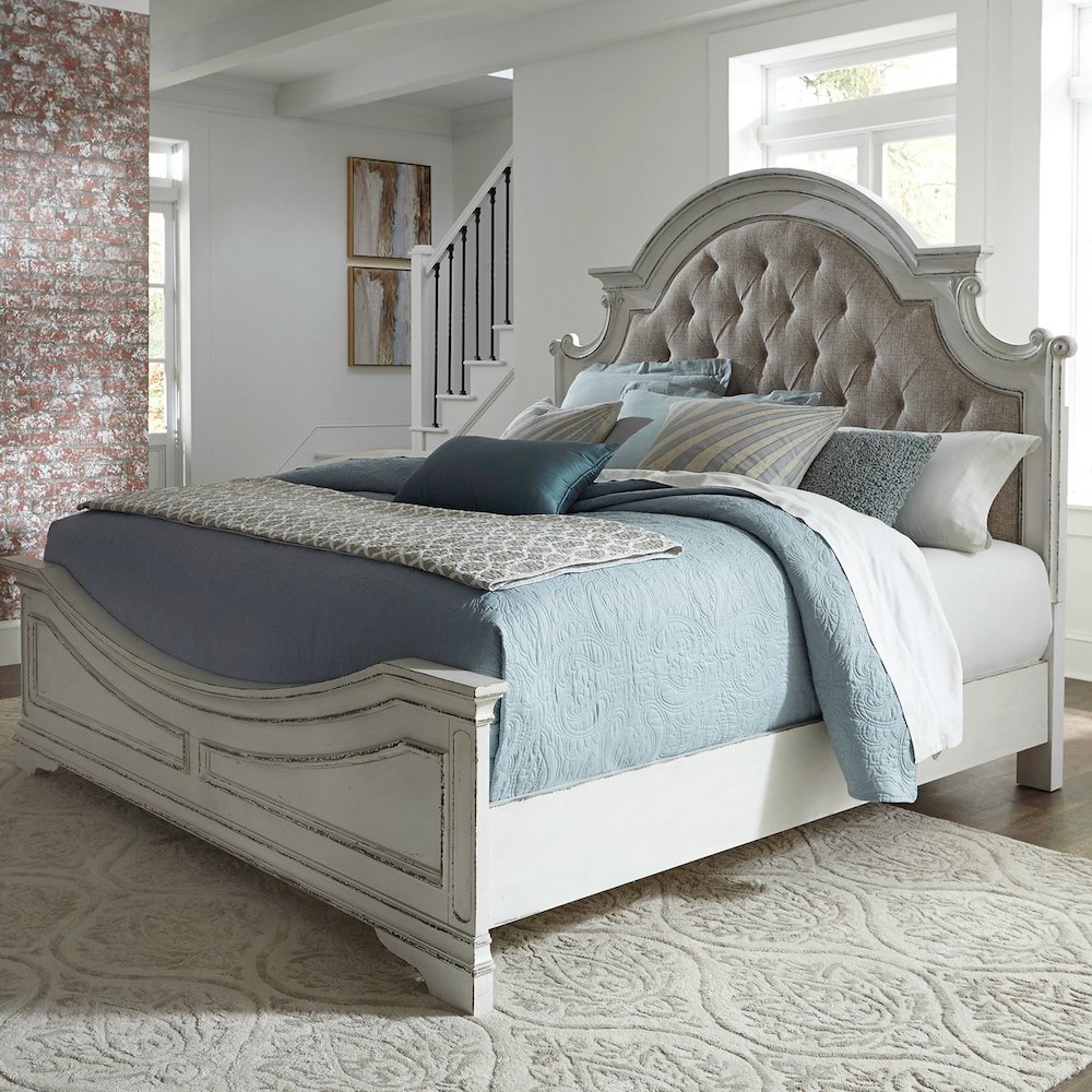 Magnolia Manor California King Upholstered Bed - Antique White & Weathered Bark