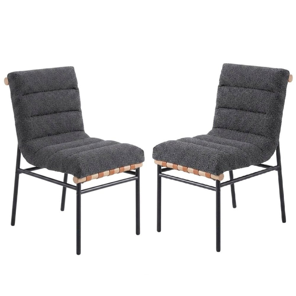 Dark Gray Boucle Fabric Dining Chairs Set of 2 with Black Iron Legs