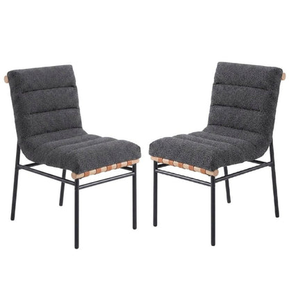 Dark Gray Boucle Fabric Dining Chairs Set of 2 with Black Iron Legs