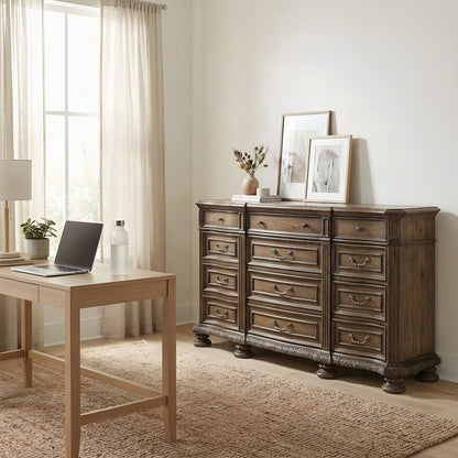 Pecan Veneer Home Office Credenza with Twelve Drawers, Rustic Walnut