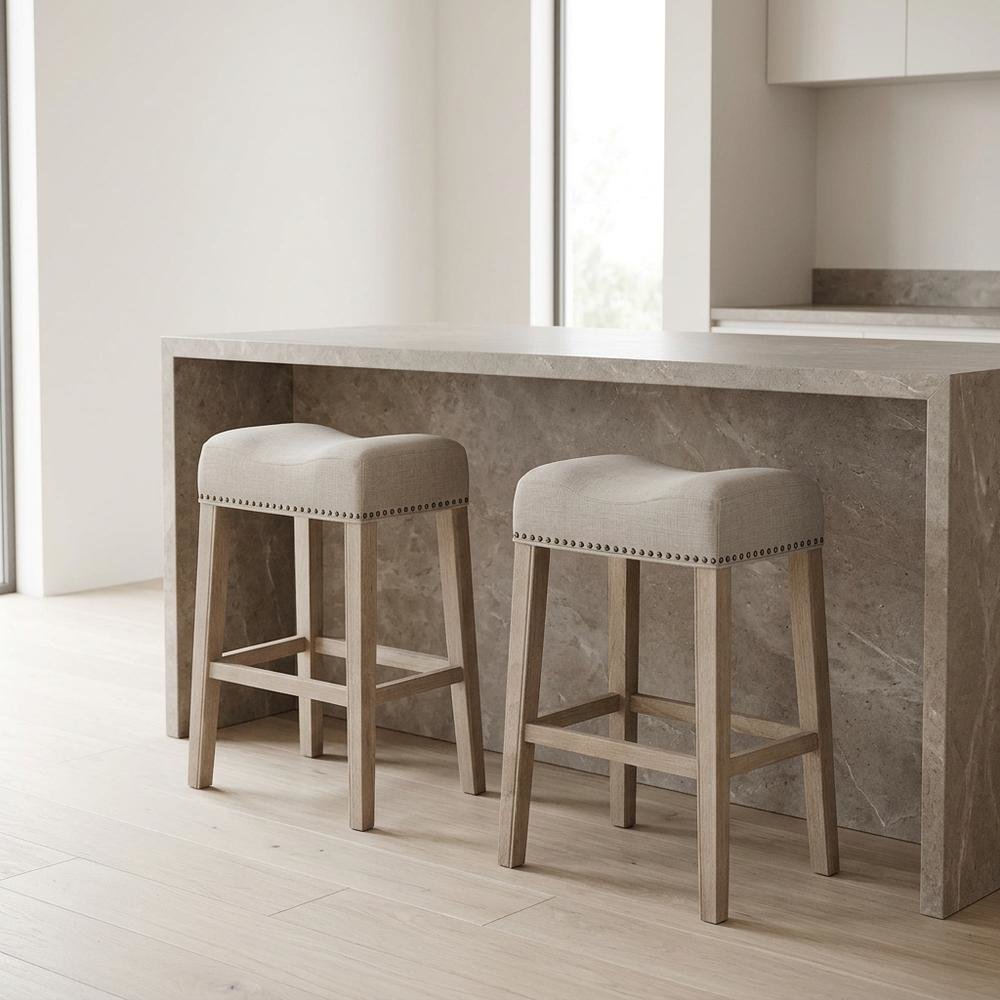 Upholstered Backless Saddle Seat Bar Stools, Tan, Set of 2, 29" Height