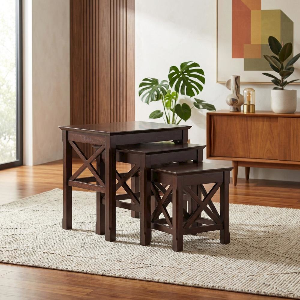 Solid Wood 3 Piece Nesting Tables Set With Stackable Design In Cappuccino Finish