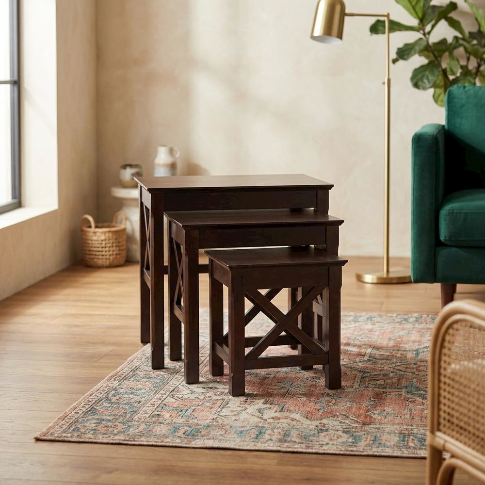 Solid Wood 3 Piece Nesting Tables Set With Stackable Design In Cappuccino Finish