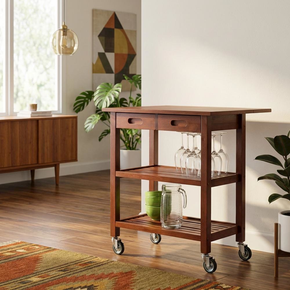 Kitchen Cart with Drop Leaf Extension, Slatted Shelf, Locking Casters
