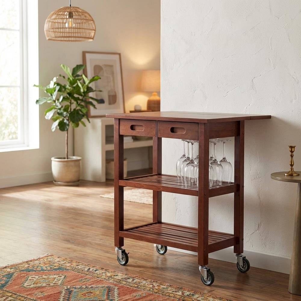 Kitchen Cart with Drop Leaf Extension, Slatted Shelf, Locking Casters