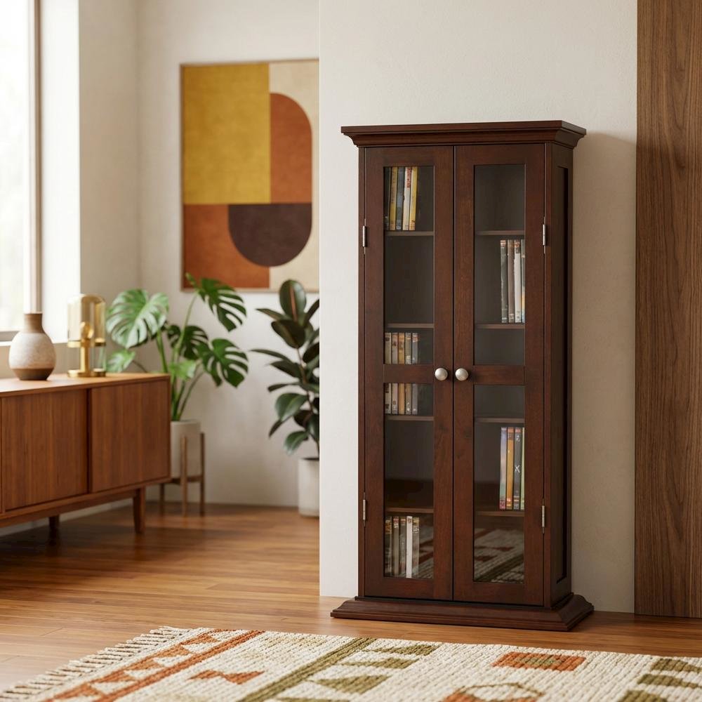 Media Storage Cabinet, Glass Doors, 4 Adjustable Shelves