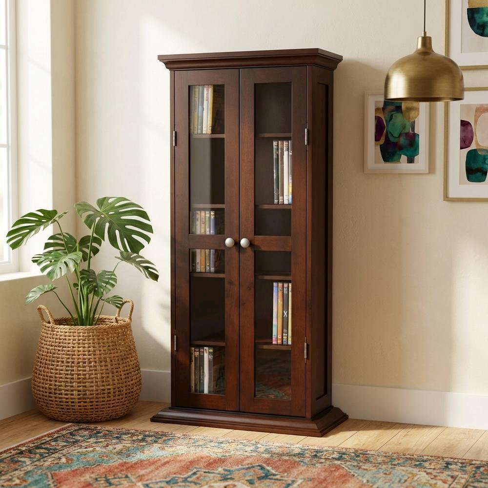 Media Storage Cabinet, Glass Doors, 4 Adjustable Shelves