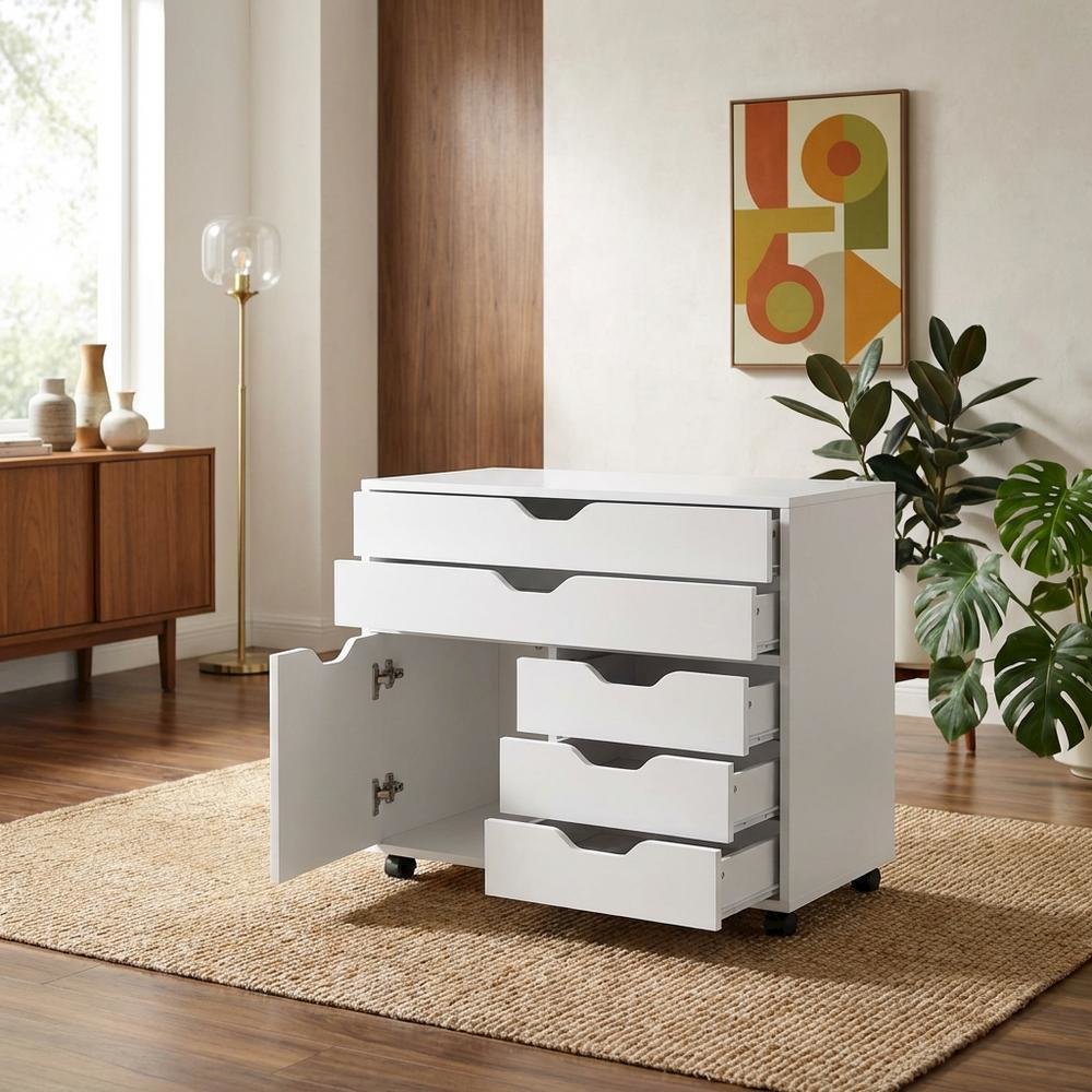 White Office Storage Cabinet With Drawers, Storage Cabinet On Wheels