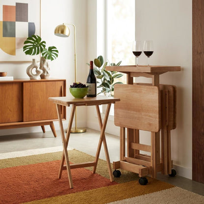 Natural Wood 6 Piece TV Trays Set With Folding Snack Tables And Mobile Stand